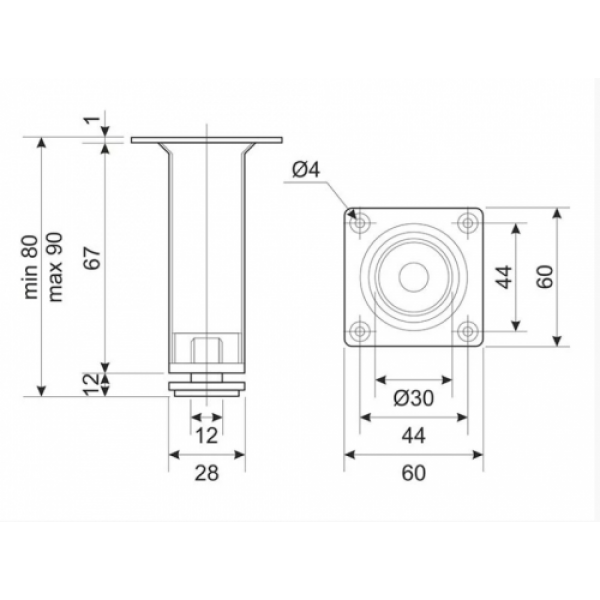 Ніжка меблева (опора) SIGMA регульована H-80мм D-30мм Хром (MO0165)