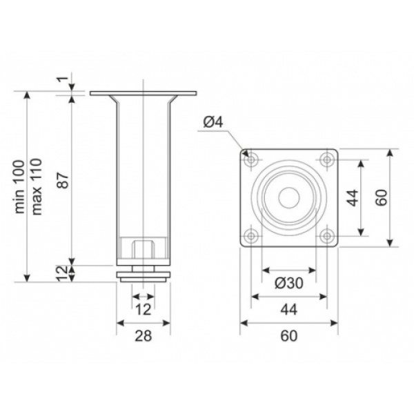 Ніжка меблева (опора) SIGMA регульована H-100мм D-30мм Хром (MO0168)