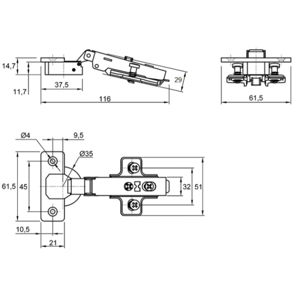 Петля Muller накладна 105 ° Clip-On D-35мм з доводчиком з монтажною планкою (MP0025)