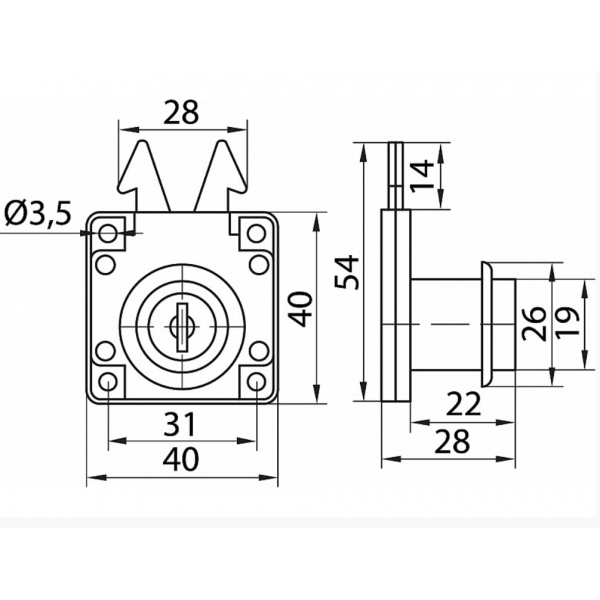 Меблевий замок для дверей-жалюзі накладний H-40 мм L-40 мм хром (ZM0620)